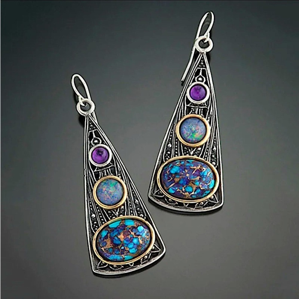 Vintage Handmade Boho Earrings, Silver Geometric - Picture 3 of 6